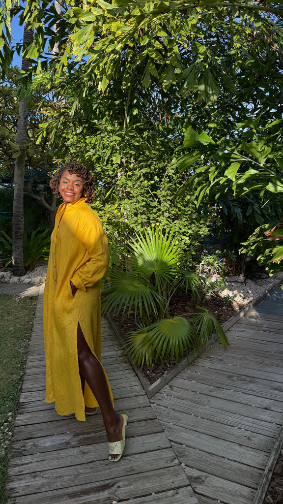 100% linen long dress with side slits in bright yellow color