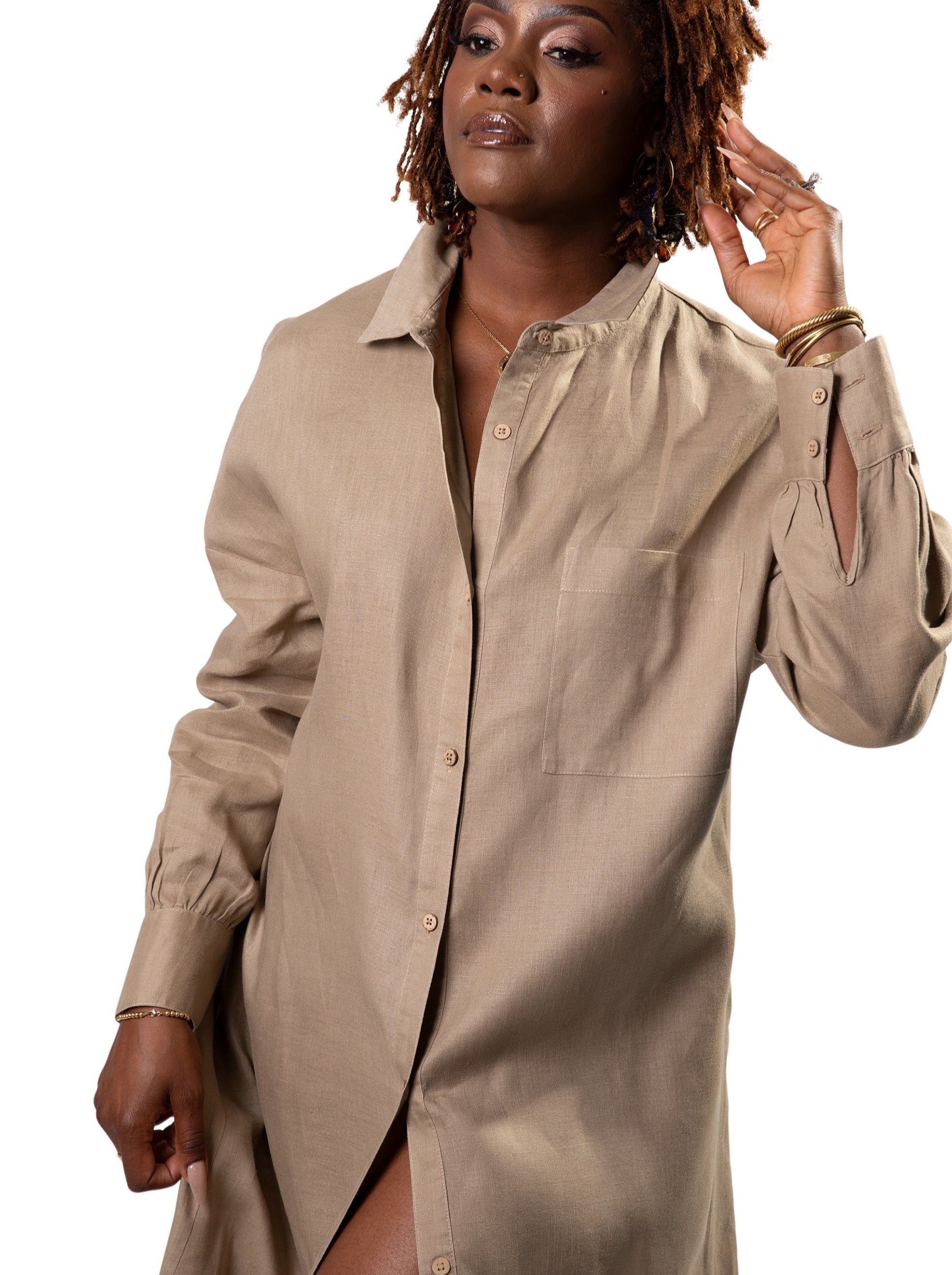 100% Linen Shirtdress - Deep Tan XL 100% Linen Shirtdress - Deep Tan XL