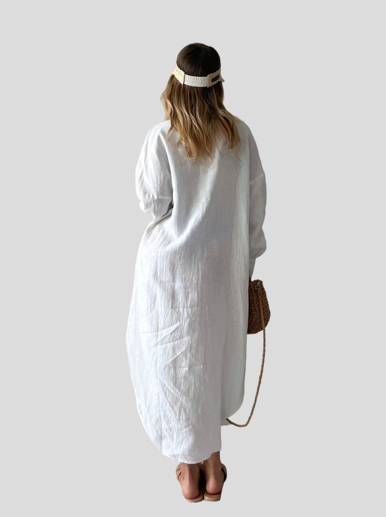 Maxi length 100% linen shirt dress