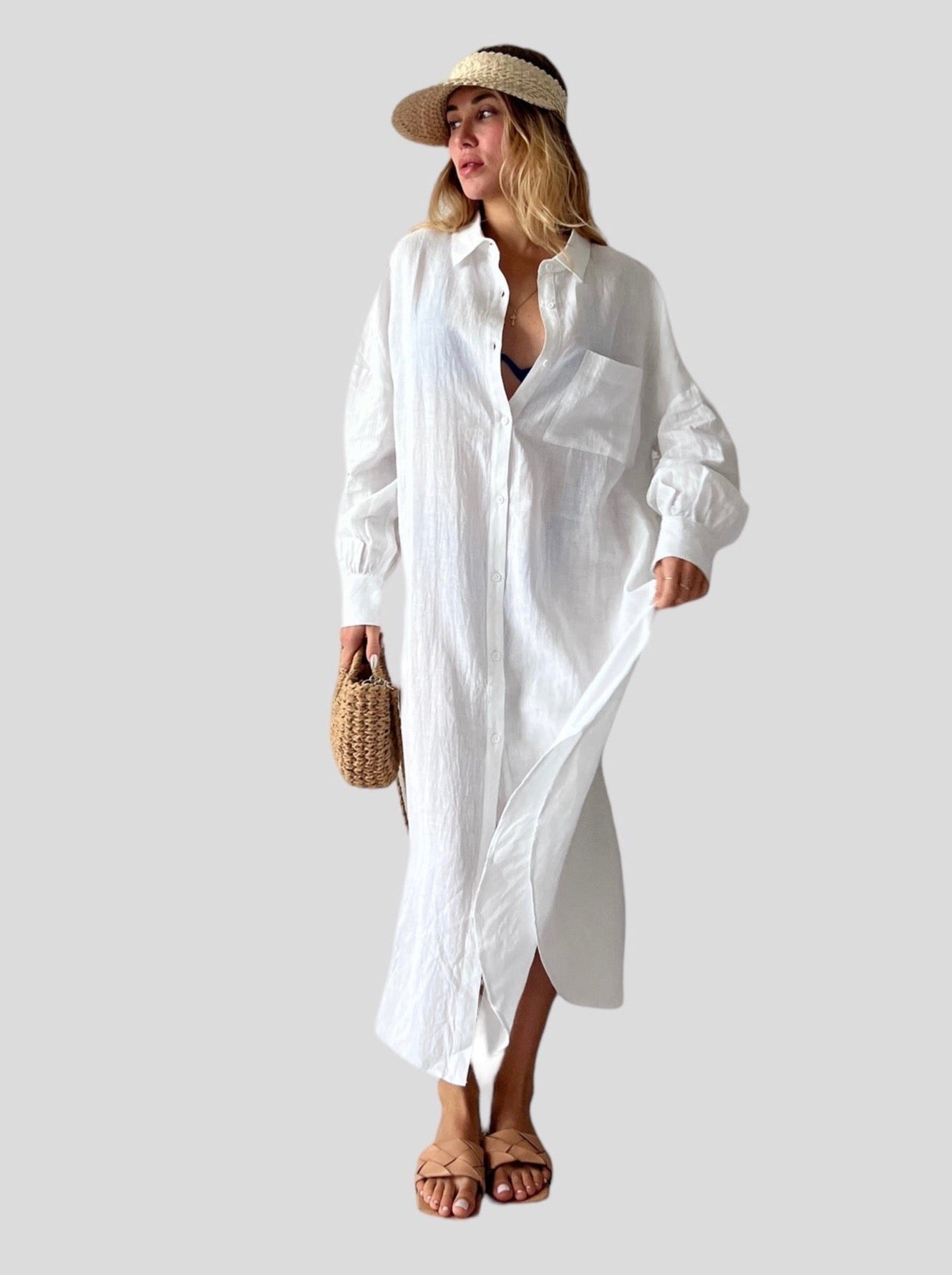 chinese dress ladies Womens Linen Shirt Dress in White main image 1