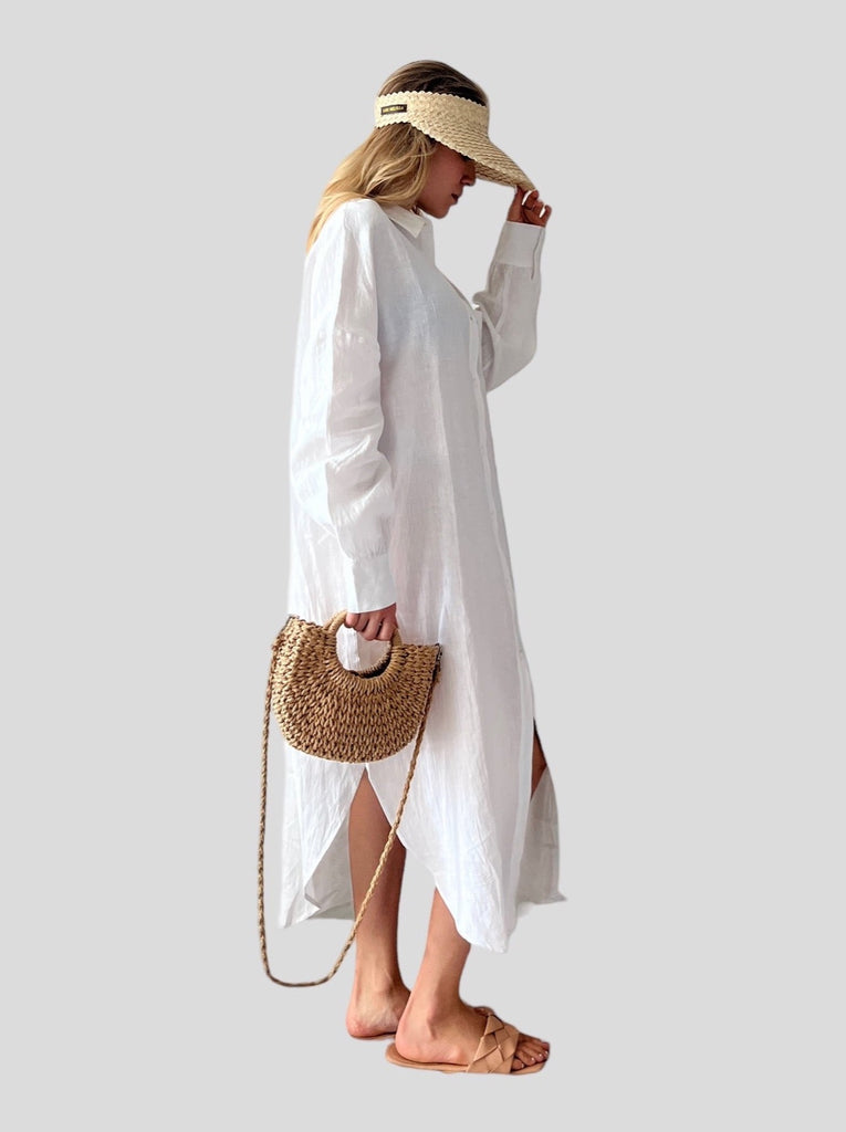 White 100% linen dress maxi length