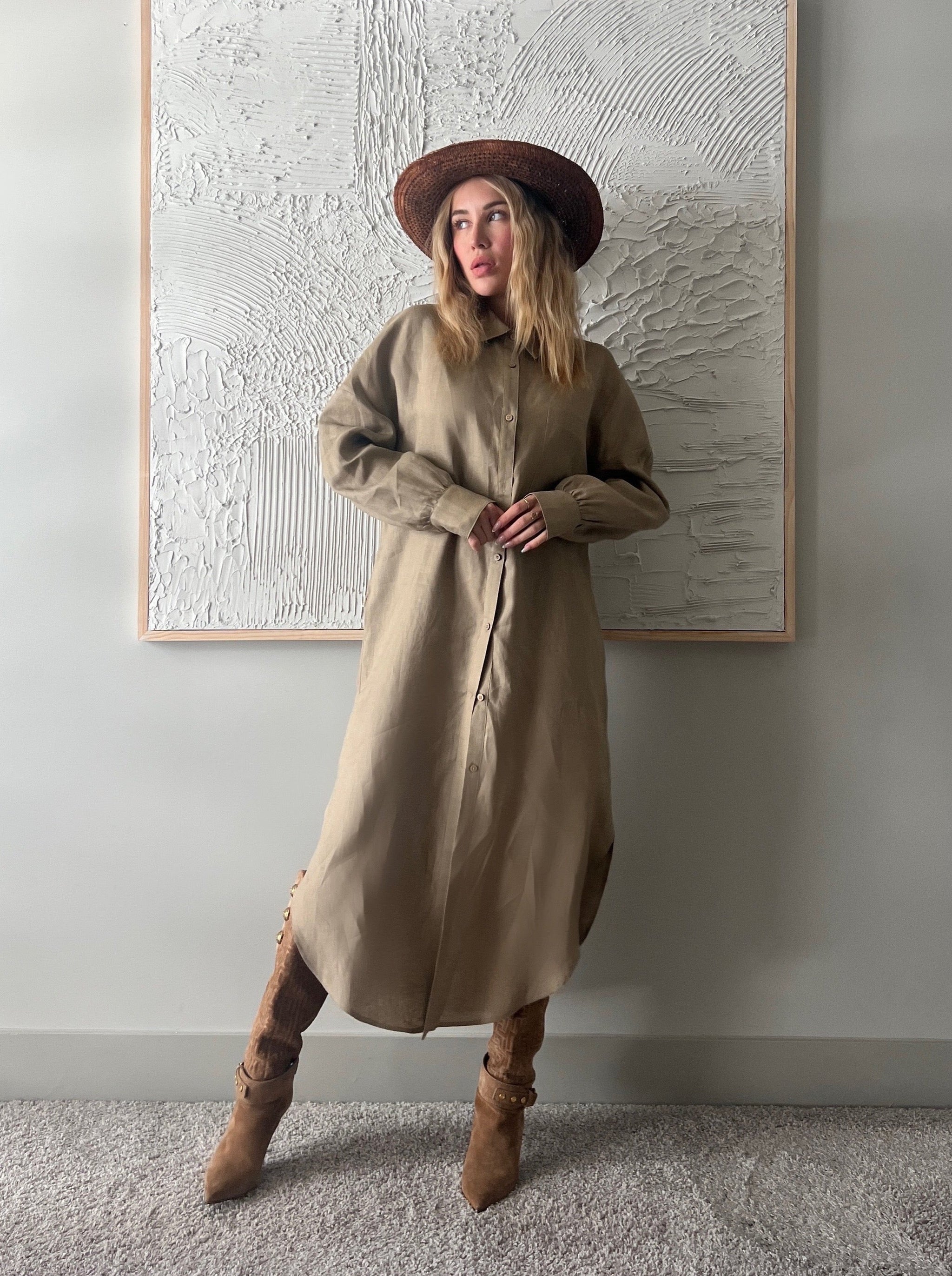 tan linen shirt dress Linen Shirt Dress MARGOT / Oversized Shirt Dress With Buttons / Drop  Shoulder Linen Shirt Dress